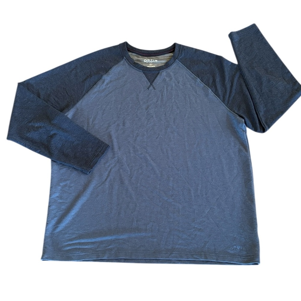 Orvis‎ Blue Raglan Sleeve Double Knit Crew Neck Long Sleeve Shirt Size XXL